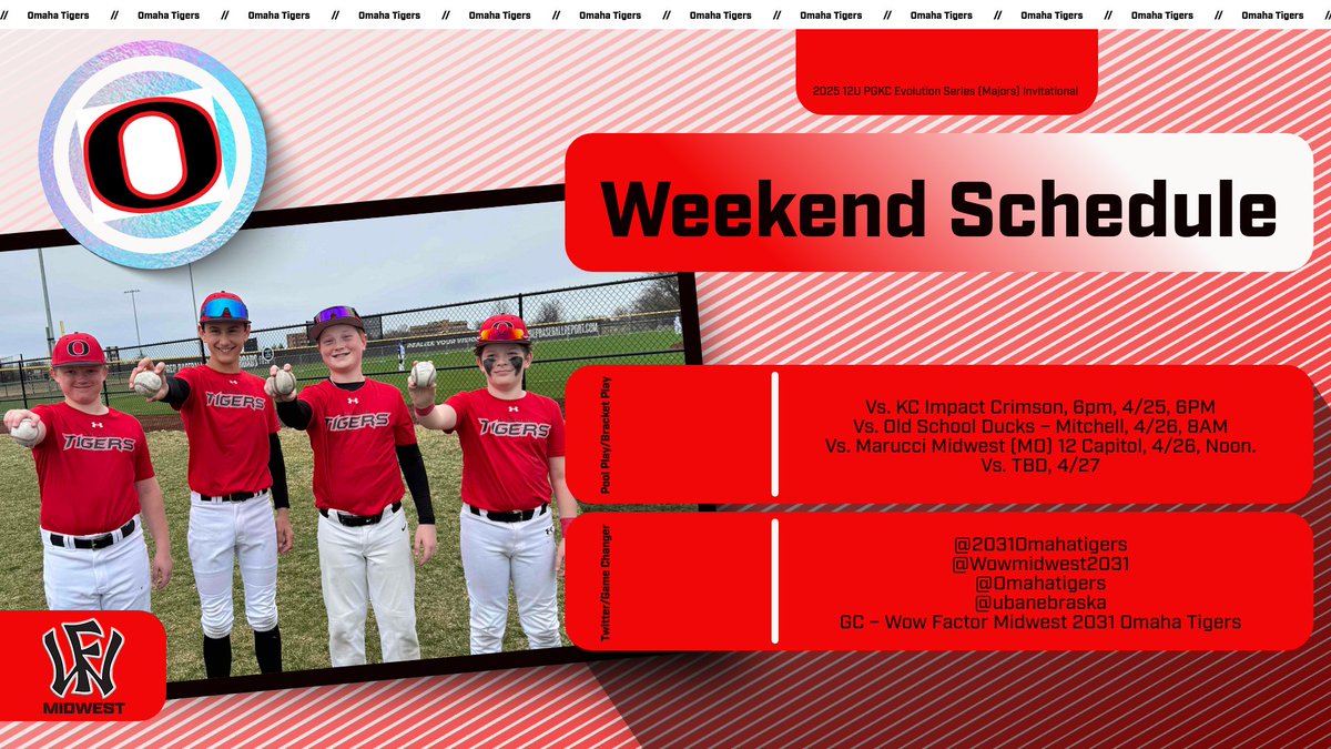 The boys are headed to KC for the 2025 12U PGKC Evolution Series Invitational (MAJOR).  Looking forward to good times and great competition.
<a href="/ubanebraska/">Ultimate Baseball Academy</a>
<a href="/OMAHATIGERS/">Omaha Tigers Baseball Club, UBA</a> 
<a href="/WowFactorNation/">Wow Factor Baseball</a>