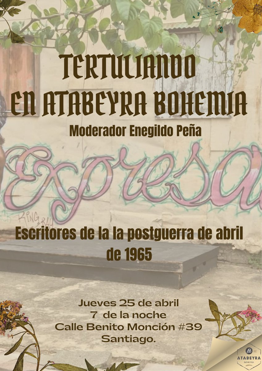 Este jueves como cada último jueves del mes Tertuliaremos en Atabeyra bohemia con el tema "Escritores de la postguerra de abril de 1965", modera @enegildopena .
