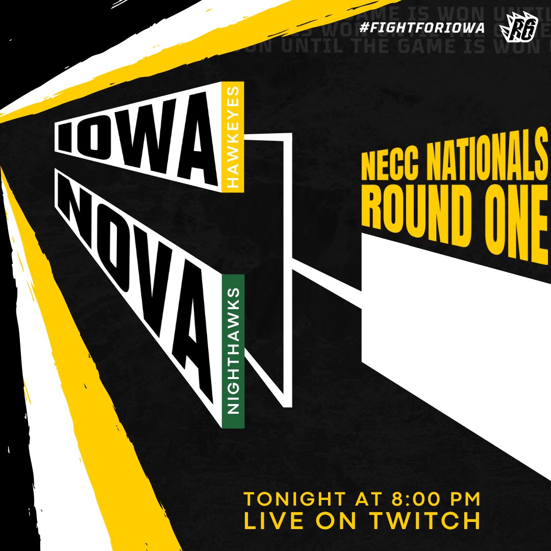 NECC Nationals start tonight. We run it back.

📅 Tonight at 8:00 PM CST 
🔴 LIVE on Twitch 
🆚 NOVA Nighthawks

#RainbowSixSiege #eSports #FightForIowa