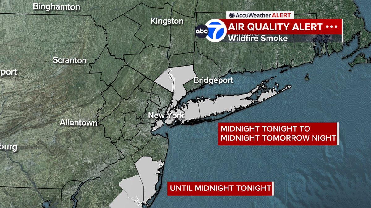 Air Quality Alert extended into the NYC area as smoke from the Ocean County wildfire will creep up the coast tonight and tomorrow on a more southerly wind.  #abc7ny