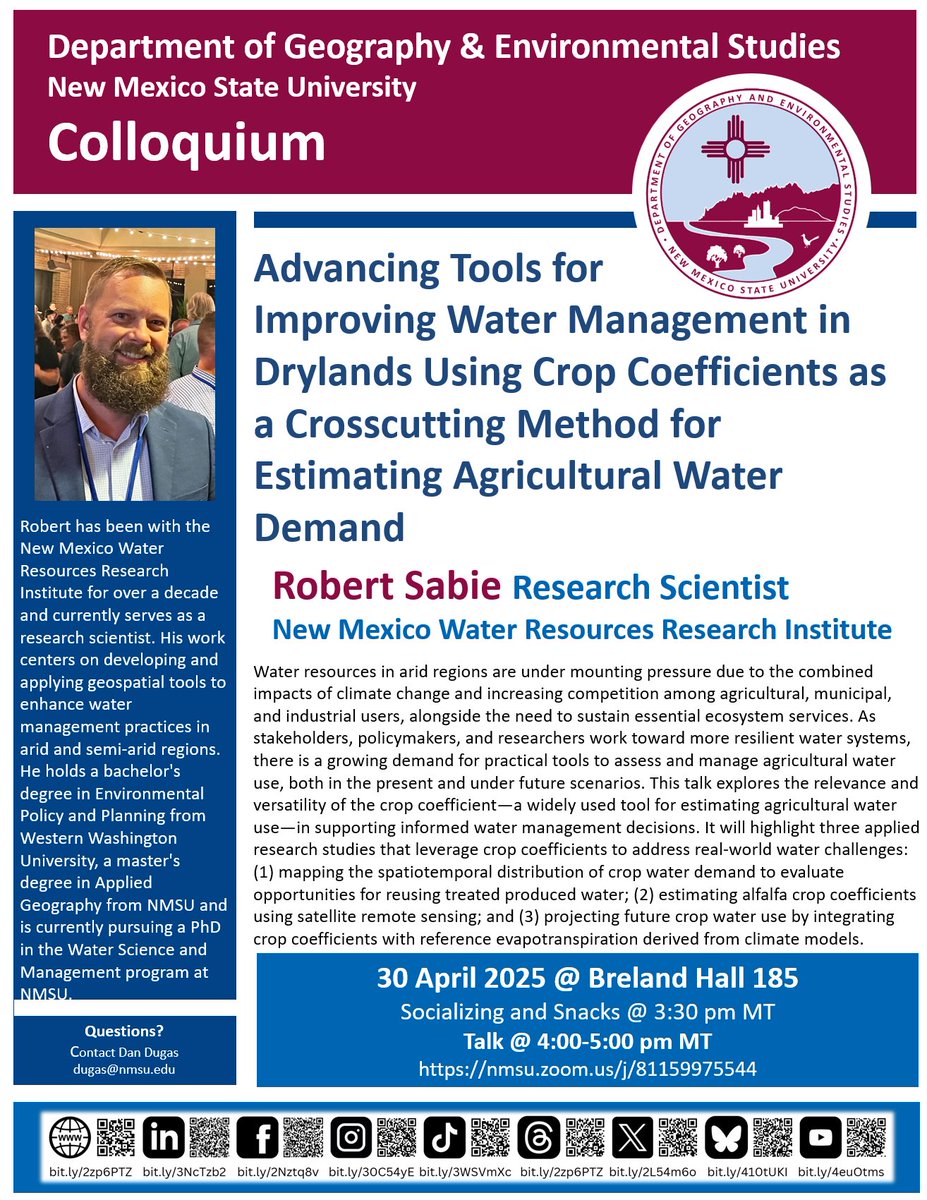 NMSU Geography and Environmental Studies (@nmsugeography) on Twitter photo Don’t miss Bob Sabie’s upcoming talk on "Advancing Tools for Improving Water Management in Drylands Using Crop Coefficients as a Crosscutting Method for Estimating Agricultural Water Demand." Join us in person or on Zoom (nmsu.zoom.us/j/81159975544)! Don’t miss Bob Sabie’s upcoming talk on "Advancing Tools for Improving Water Management in Drylands Using Crop Coefficients as a Crosscutting Method for Estimating Agricultural Water Demand." Join us in person or on Zoom (nmsu.zoom.us/j/81159975544)!