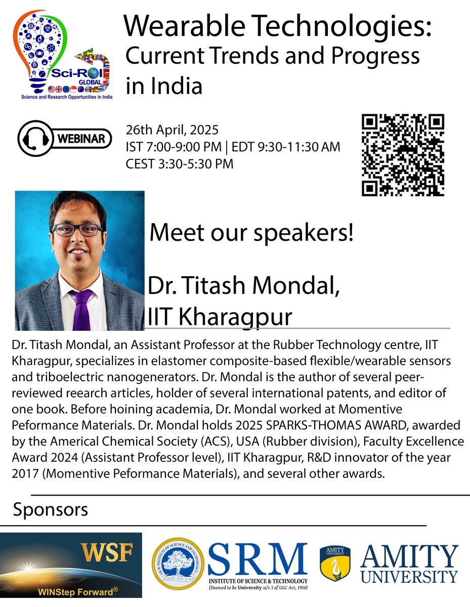 Sci_ROI's tweet image. 📢 3 Days to go
📅 This Saturday April 26th ⏰ 7–9 PM IST | 9:30–11:30 AM EDT
Get ready for our exciting Webinar on Wearable Technologies: Current Trends and Progress in India!
Register - shorturl.at/QvxT3
Details - sciroi.net/global/
#SciROI #WearableTech #STEMinIndia
