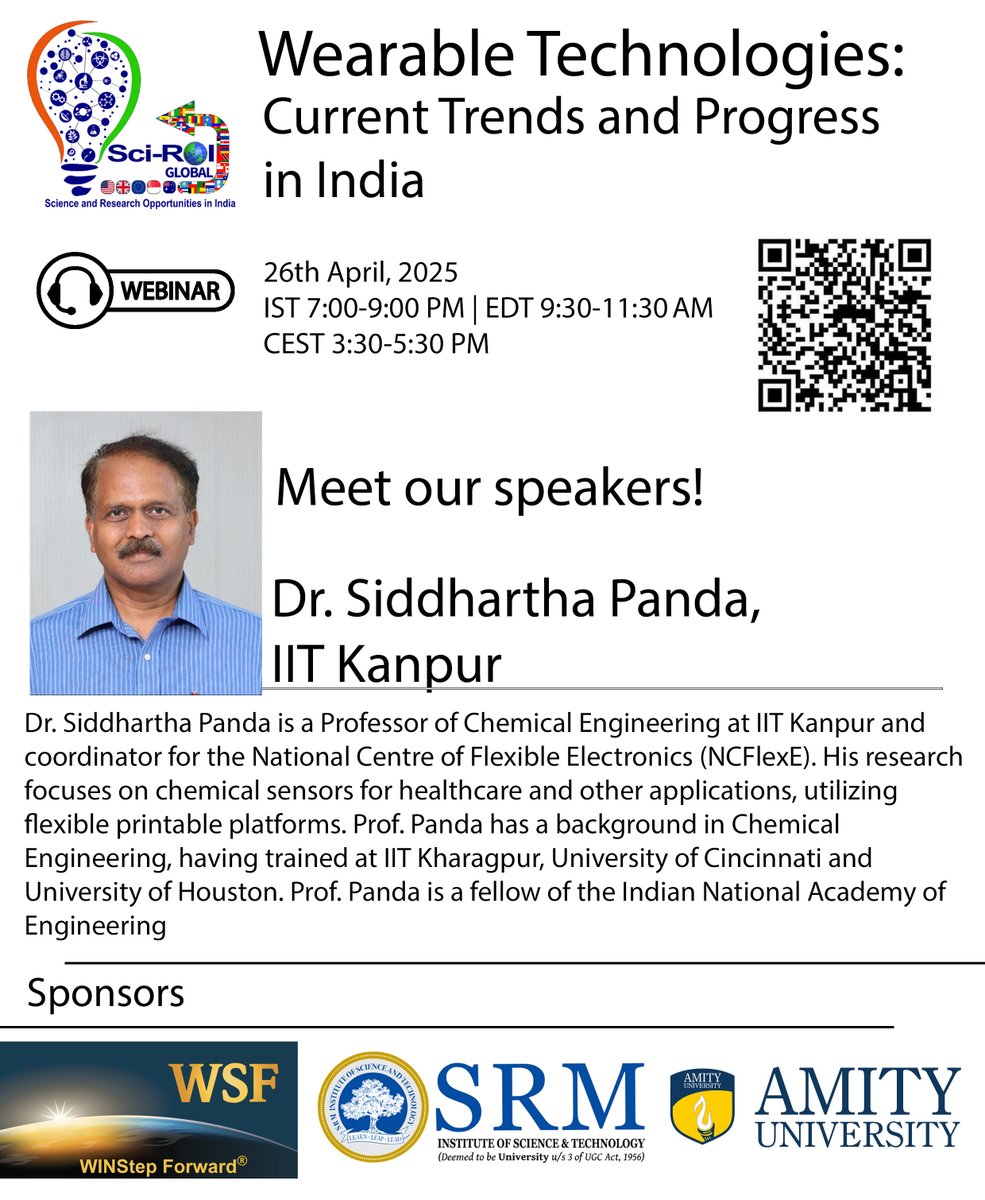 Sci_ROI's tweet image. 📢 3 Days to go
📅 This Saturday April 26th ⏰ 7–9 PM IST | 9:30–11:30 AM EDT
Get ready for our exciting Webinar on Wearable Technologies: Current Trends and Progress in India!
Register - shorturl.at/QvxT3
Details - sciroi.net/global/
#SciROI #WearableTech #STEMinIndia