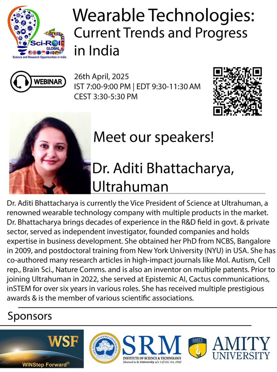 Sci_ROI's tweet image. 📢 3 Days to go
📅 This Saturday April 26th ⏰ 7–9 PM IST | 9:30–11:30 AM EDT
Get ready for our exciting Webinar on Wearable Technologies: Current Trends and Progress in India!
Register - shorturl.at/QvxT3
Details - sciroi.net/global/
#SciROI #WearableTech #STEMinIndia