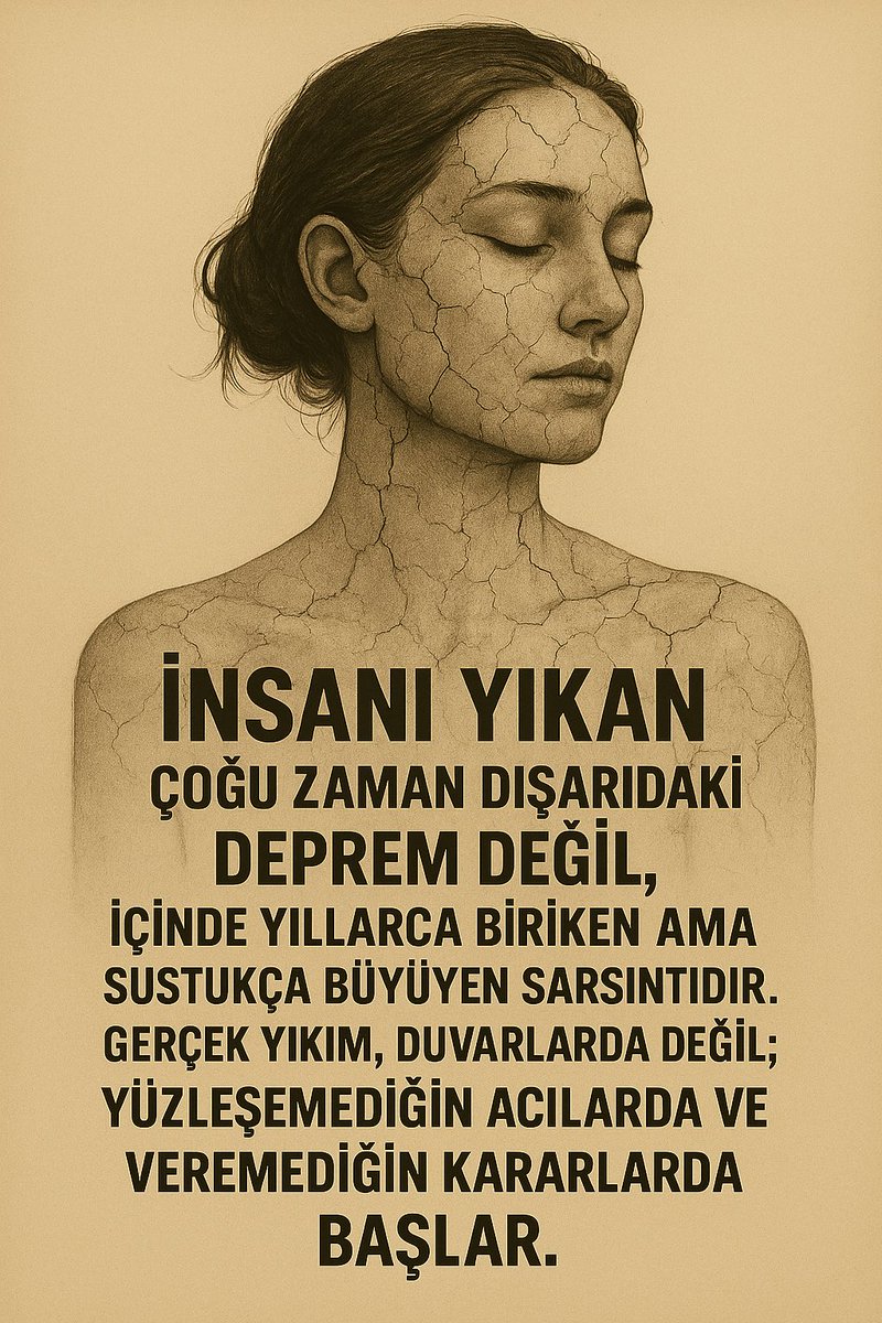 ipinucupodcast's tweet photo. Dışardaki depremler yıkar sanıyoruz ama asıl yıkım içimizde sessizce büyüyor. Kararsız kaldığın an, içindeki fay hattı çatlamaya başlar. Her sustuğun duygu birikir, birikir ve bir gün seni içinden vurur. Deprem dışarda değil, karar veremediğin o anda başlar. https://t.co/nV1X1ID3Me