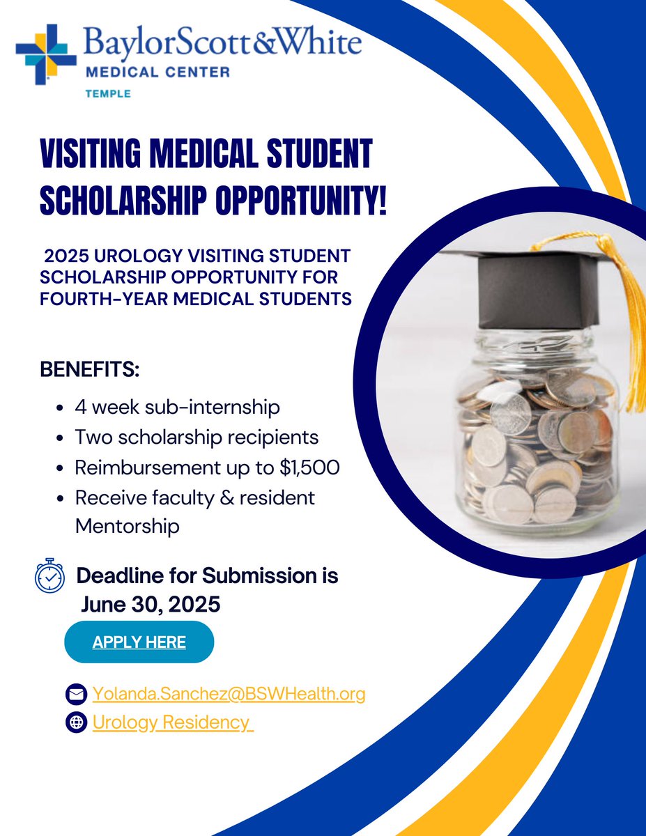 BSW Urology Residency (@bswhtemple_urol) on Twitter photo Now accepting applications! Our Visiting Medical Student Scholarship is open for 4th-year med students interested in a urology elective rotation at our institution. Check out the flyer for full details! #UroSoMe <a href="/UroResidency/">UroResidency</a> <a href="/Uro_Res/">The Urology Applicant ⚕</a>
To apply: tinyurl.com/mr4at9wj Now accepting applications! Our Visiting Medical Student Scholarship is open for 4th-year med students interested in a urology elective rotation at our institution. Check out the flyer for full details! #UroSoMe <a href="/UroResidency/">UroResidency</a> <a href="/Uro_Res/">The Urology Applicant ⚕</a>
To apply: tinyurl.com/mr4at9wj