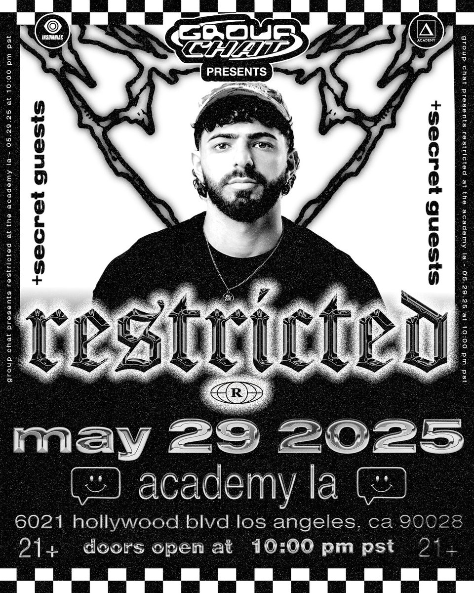 Academy LA (@academy__la) on Twitter photo From viral flips to global shutdowns, the mind behind “Big Jet Plane” & “Tunnel Vision”, Restricted touches down on Thursday, 5/29, backed by secret guests for a proper 360° <a href="/GroupChatClub/">Group Chat</a>
Limited Free Entry w/ RSVP → Academy.la/groupchat From viral flips to global shutdowns, the mind behind “Big Jet Plane” & “Tunnel Vision”, Restricted touches down on Thursday, 5/29, backed by secret guests for a proper 360° <a href="/GroupChatClub/">Group Chat</a>
Limited Free Entry w/ RSVP → Academy.la/groupchat