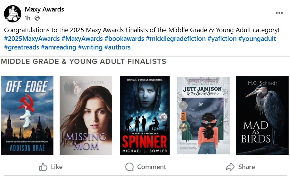 #OffEdge is among 4 great titles as a #2025MaxyAwards finalist. The awards support writing &amp; #reading  &amp; help those not fortunate enough to read iconic #books. Educator, author, &amp; librarian judges selecting winners soon...fingers crossed!  <a href="/BRWpublisher/">Black Rose Writing</a> #adoption #figureskating