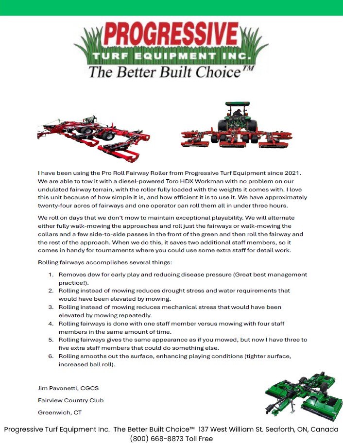 Since 2021, <a href="/jim_pav/">Jim Pavonetti, CGCS</a> , CGCS, has used the Pro-Roll to roll 24 acres in under 3 hrs—with just 1 operator.
Less mowing. Less stress. Better play.
🛠️ Built for performance.
#ProRoll #GolfCourseMaintenance #TurfCare #ProgressiveTurf