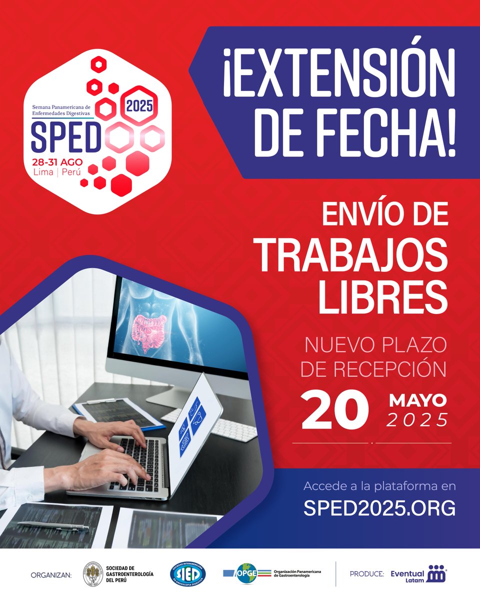 🚨Se extiende plazo para el envío de trabajos libres en SPED 2025 🚨
📆 Nuevo plazo de recepción 20 de Mayo 2025.
Accede a la plataforma en 🔗 sped2025.org