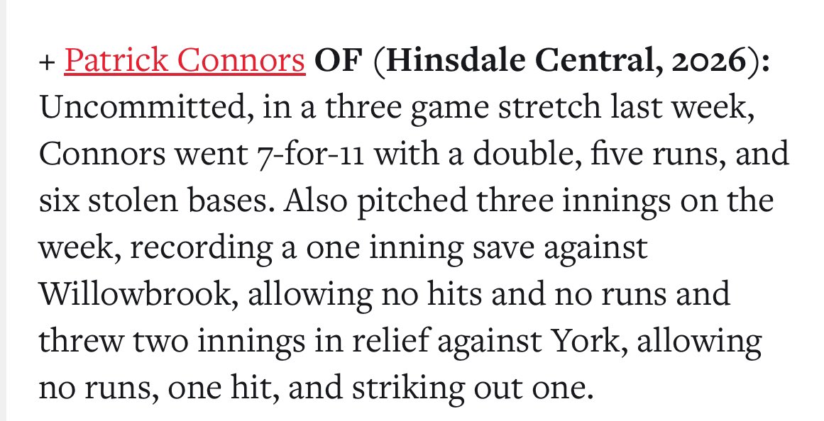 Patrick Connors (@patrickconn22) on Twitter photo One of the top performers from last week. <a href="/HCReddevilBB/">Hinsdale Central Red Devils Baseball</a> <a href="/HCRedDevilFB/">Hinsdale Central Red Devil Football</a> <a href="/pistolplante/">Matt Plante</a> <a href="/TopTierBaseball/">Top Tier Baseball 🇺🇸</a> <a href="/TopTier_HQ/">Top Tier HQ</a> One of the top performers from last week. <a href="/HCReddevilBB/">Hinsdale Central Red Devils Baseball</a> <a href="/HCRedDevilFB/">Hinsdale Central Red Devil Football</a> <a href="/pistolplante/">Matt Plante</a> <a href="/TopTierBaseball/">Top Tier Baseball 🇺🇸</a> <a href="/TopTier_HQ/">Top Tier HQ</a>