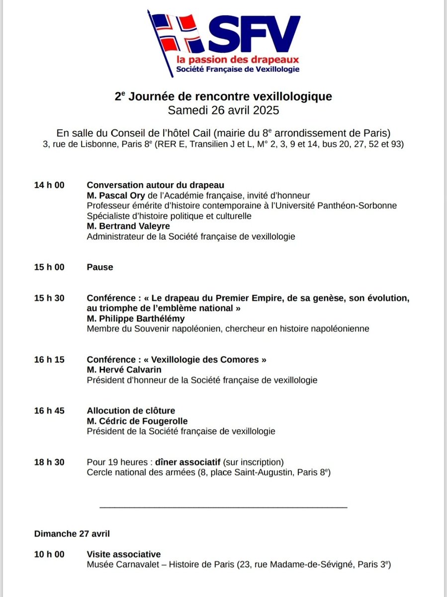 RAPPEL: Samedi 26 avril 2025.
Venez nombreux à notre 2ème Journée de rencontre vexillologique (#JSFV2) que nous, #SFV, organisons. L'entrée est libre et gratuite pour toutes et tous!