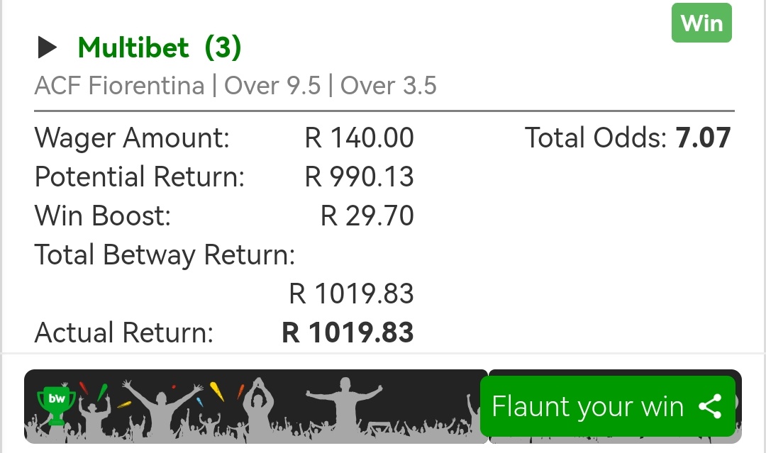 It's a Booooom 🎇 🍏 🍏 🍏
Congratulations to my 4 followers
#Betwaysquad
#Betwaycodes
#betwayslip
<a href="/Betway_za/">Betway ZA</a>