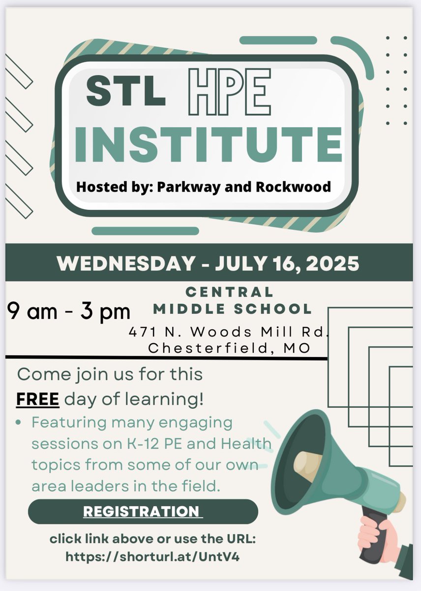 STLHPE Institute is all set!  July 16th, 2025 at Parkway Central Middle School. Save the date and register below!! 
shorturl.at/UntV4