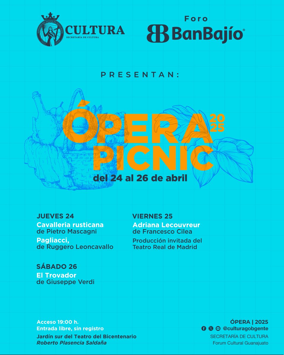 NOS VEMOS MAÑANA

La <a href="/culturagobgente/">Secretaría de Cultura Guanajuato</a> presenta del 24 al 26 de abril,  #ÓperaPicnic2025 en el Foro <a href="/BanBajioMX/">BanBajío</a>

Proyecciones al aire libre de: Cavalleria Rusticana/Pagliacci, Adriana Lecouvreur y El Trovador. 

Entrada libre <a href="/TeatrodelB/">Teatrodelb</a>

#GuanajuatoPotenciaCultural
