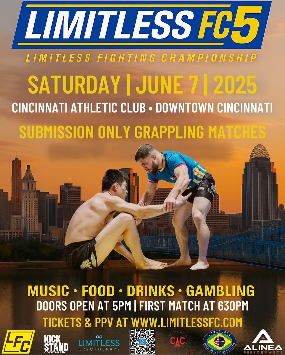 🔥Limitless Fighting Championship 5🔥

🎟️Get your tickets at limitlessfc.com
APPLY TO COMPETE⬇️⬇️
limitlessfc.com

#LimitlessFC #GrapplingEvent #SubmissionOnly #BJJ #JiuJitsu #Grappling #CombatSports #CincinnatiEvents #BJJCompetition #MartialArts #FightNight #NoG