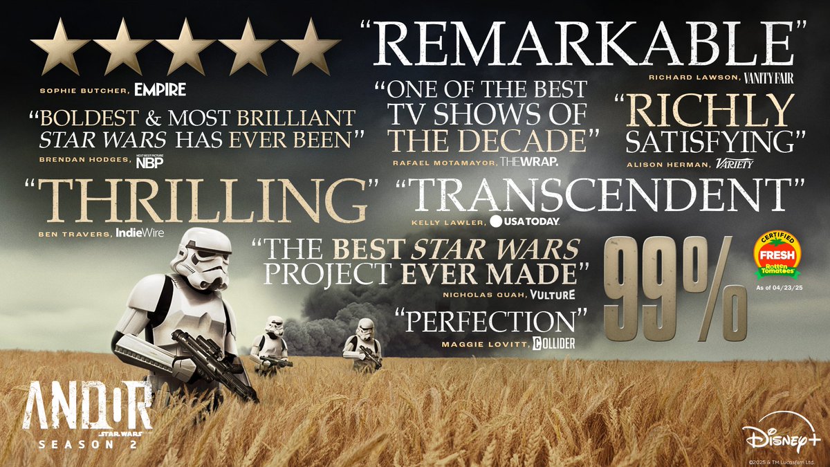 Critics are raving about Andor Season 2.

Watch the three-episode premiere, now streaming on <a href="/DisneyPlus/">Disney+</a>.