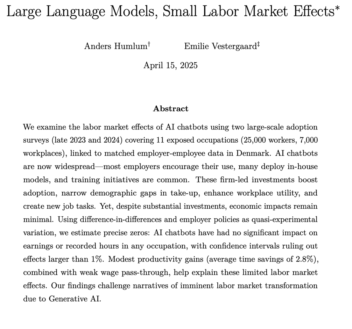 arjun_ramani3's tweet photo. Humlum/Vestergaard link AI adoption data with Danish admin data till june 2024--amazing data! they find:

-widespread adoption (most workers use AI and a third of firms have their own models)
-2.8% surveyed time savings
-but impact on wages/hours in admin data is 0! https://t.co/Cs9lk1Kxll