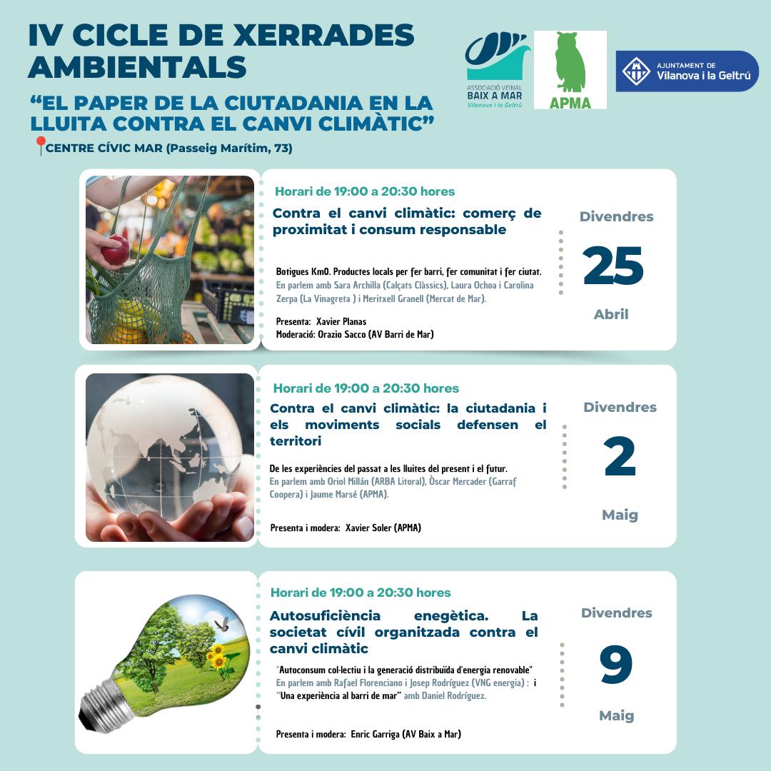 En la primera jornada, parlarem de comerç Km 0 sota el títol Contra el canvi climàtic: comerç de proximitat i consum responsable amb  la participació de Sara Archilla (Calçats Clàssic), Lau Ochoa i  Carolina Zerpa Sáez (La Vinagreta), i Meritxell  Granell  (Mercat de Mar).