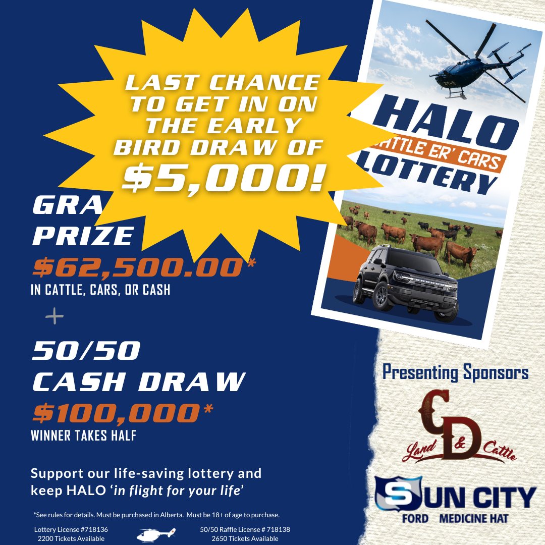 LAST CHANCE to Enter the Early Bird Draw happening this THIS Friday, April 25th. 
Get your tickets NOW and be entered for a chance to win BIG—while supporting HALO Air Ambulance!
📷 rafflebox.ca/raffle/halo-ca…
#CattleErCarsLottery #HALOAirAmbulance #inflightforyourlife  #alberta