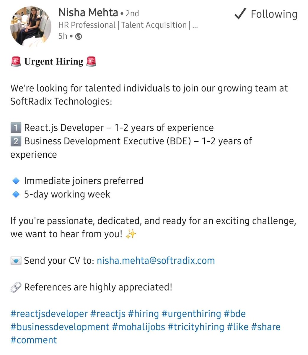 JobGenie_'s tweet photo. Open Roles - 
ReactJs Developer(1-2yrs)
Business Development Executive(1-2yrs)

Organization - SoftRadix Technologies 

Location - Mohali

Send your resume to:
nisha.mehta@softradix.com

Job link - https://t.co/BqYEQ5UZeF

Join my telegram channel-https://t.co/Y1EsudUyeI

#hiring https://t.co/df053zXWrd
