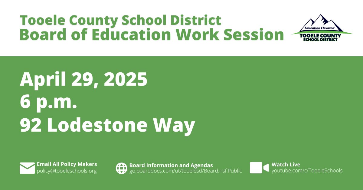 The TCSD BOE will hold a work session on April 29 at 6 p.m. While open to the public, no formal actions take place during this meeting.
Attend in person at 92 Lodestone Way, or watch live at youtube.com/c/TooeleSchools
The agenda is available at go.boarddocs.com/ut/tooelesd/Bo…