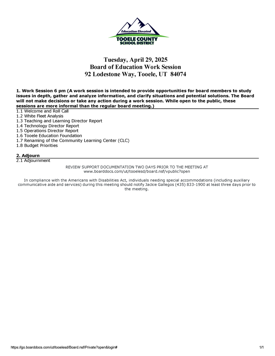 Join us tonight, April 29 at 6 p.m. for the TCSD Board of Education Work Session. While open to the public, no formal actions take place during this meeting
Attend in person, or watch live at youtube.com/c/TooeleSchools
The agenda is available at go.boarddocs.com/ut/tooelesd/Bo…