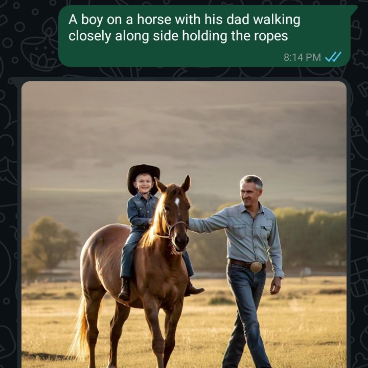 codez_h's tweet photo. A boy on a horse with his dad walking closely along side holding the ropes. This image was generated using meta ai
My assignment from @alx_africa Ai starter kit #ALX_AiSK https://t.co/lbGUNOx3Mz