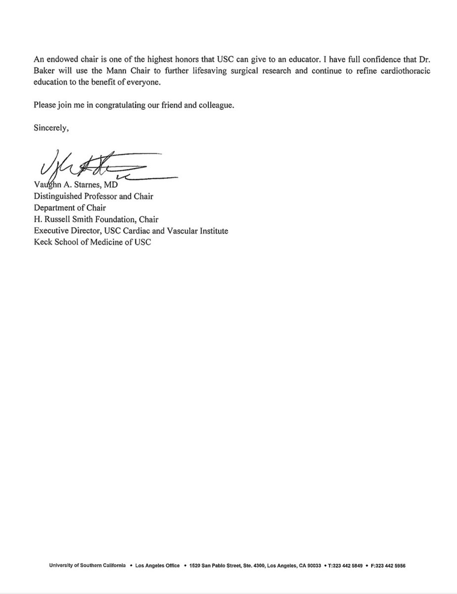 Please join us in congratulating Dr. Craig Baker on his appointment to the Mann Chair in Cardiac Surgery at Keck School of Medicine of USC.👏🏼

This is a well deserved recognition that reflects his extraordinary impact in the field!