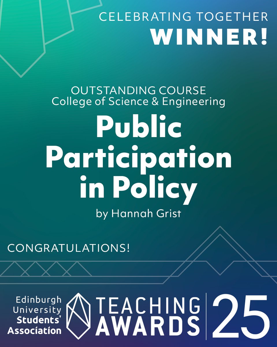Edinburgh University Students' Association (@edunistudents) on Twitter photo And the winner of Outstanding Course with the College of Science & Engineering is... Public Participation in Policy by Hannah Grist with <a href="/GeosciencesED/">School of GeoSciences @ University of Edinburgh</a> – congrats Hannah! And the winner of Outstanding Course with the College of Science & Engineering is... Public Participation in Policy by Hannah Grist with <a href="/GeosciencesED/">School of GeoSciences @ University of Edinburgh</a> – congrats Hannah!
