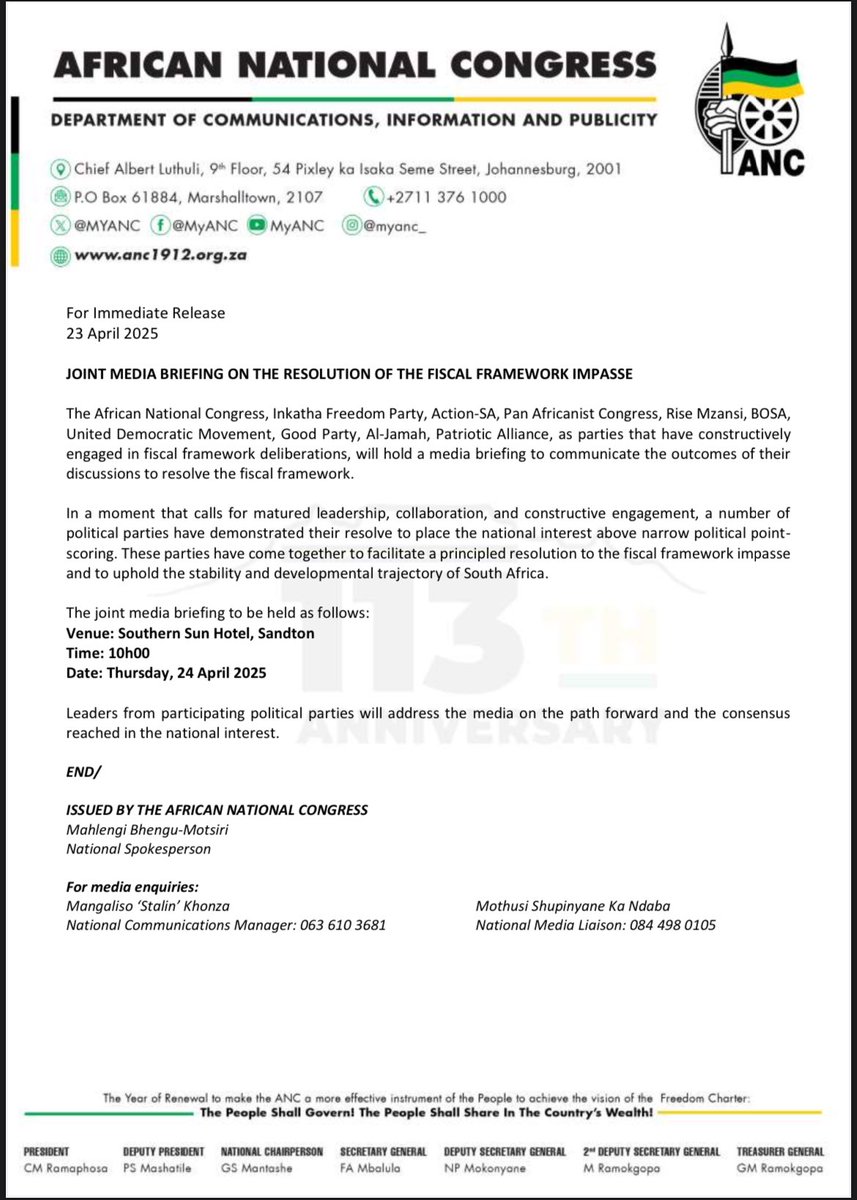 ewnreporter's tweet photo. [JUST IN] ActionSA &amp; BOSA are having a joint media briefing with 8-parties in the GNU tomorrow regarding the fiscal framework and VAT. 

The DA and FF+, who voted against the fiscal framework, are the two GNU parties that have been excluded from this briefing. TCG https://t.co/DaSaSefFQL