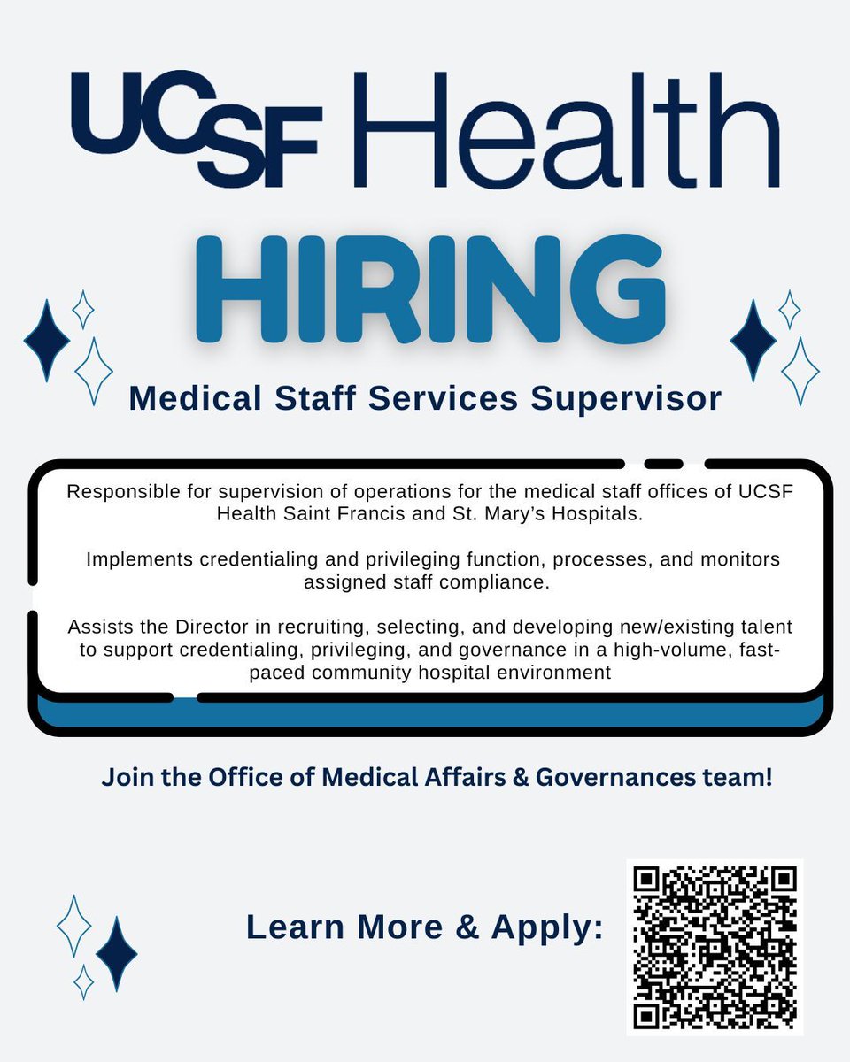 UCSFCareers's tweet photo. UCSF #NowHiring Medical Staff Services Supervisor. Oversee approval processes, following up on committee recommendations, and collaborating with UCSF Health leadership to meet strategic goals through credentialing expertise. Apply: https://t.co/BMjZmG88zJ https://t.co/hxxOMrB3LD