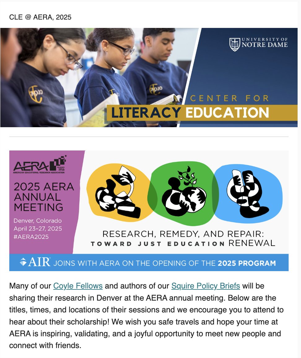 Notre Dame Center for Literacy Education (@cleatnd) on Twitter photo Are you at/going to AERA? Our Fellows & Squire policy briefs authors are chairing, discussing & presenting their scholarship in Denver! See our special newsletter for session info. - hope to see you there! mailchi.mp/nd/cle-may-202… <a href="/ieiatnd/">IEIatND</a> <a href="/kate_anna/">Kate Seltzer</a> <a href="/anterobot/">AnterO))) Garcia</a> <a href="/hammanortiz/">Dr. Laura Hamman-Ortiz</a> Are you at/going to AERA? Our Fellows & Squire policy briefs authors are chairing, discussing & presenting their scholarship in Denver! See our special newsletter for session info. - hope to see you there! mailchi.mp/nd/cle-may-202… <a href="/ieiatnd/">IEIatND</a> <a href="/kate_anna/">Kate Seltzer</a> <a href="/anterobot/">AnterO))) Garcia</a> <a href="/hammanortiz/">Dr. Laura Hamman-Ortiz</a>