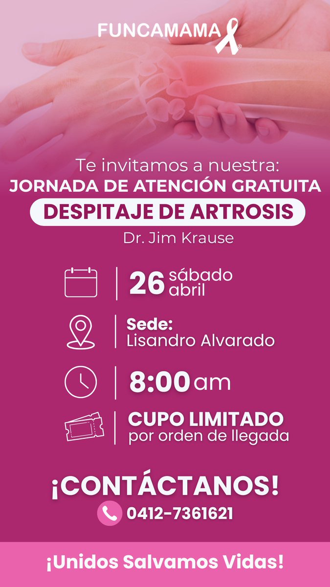 🗣️Funcamama te invita a NUESTRA JORNADA DE ATENCIÓN GRATUITA 

🩺Despitaje de Artrosis con el Dr. Jim Krause 
🗓️Sábado 26 de abril 
🕚8:00 am 
📍Sede Lisandro Alvarado, frente al Hospital Central de Valencia, sótano de Redvital. 

¡Le esperamos! 🩷 CORRE LA VOZ 🗣️
