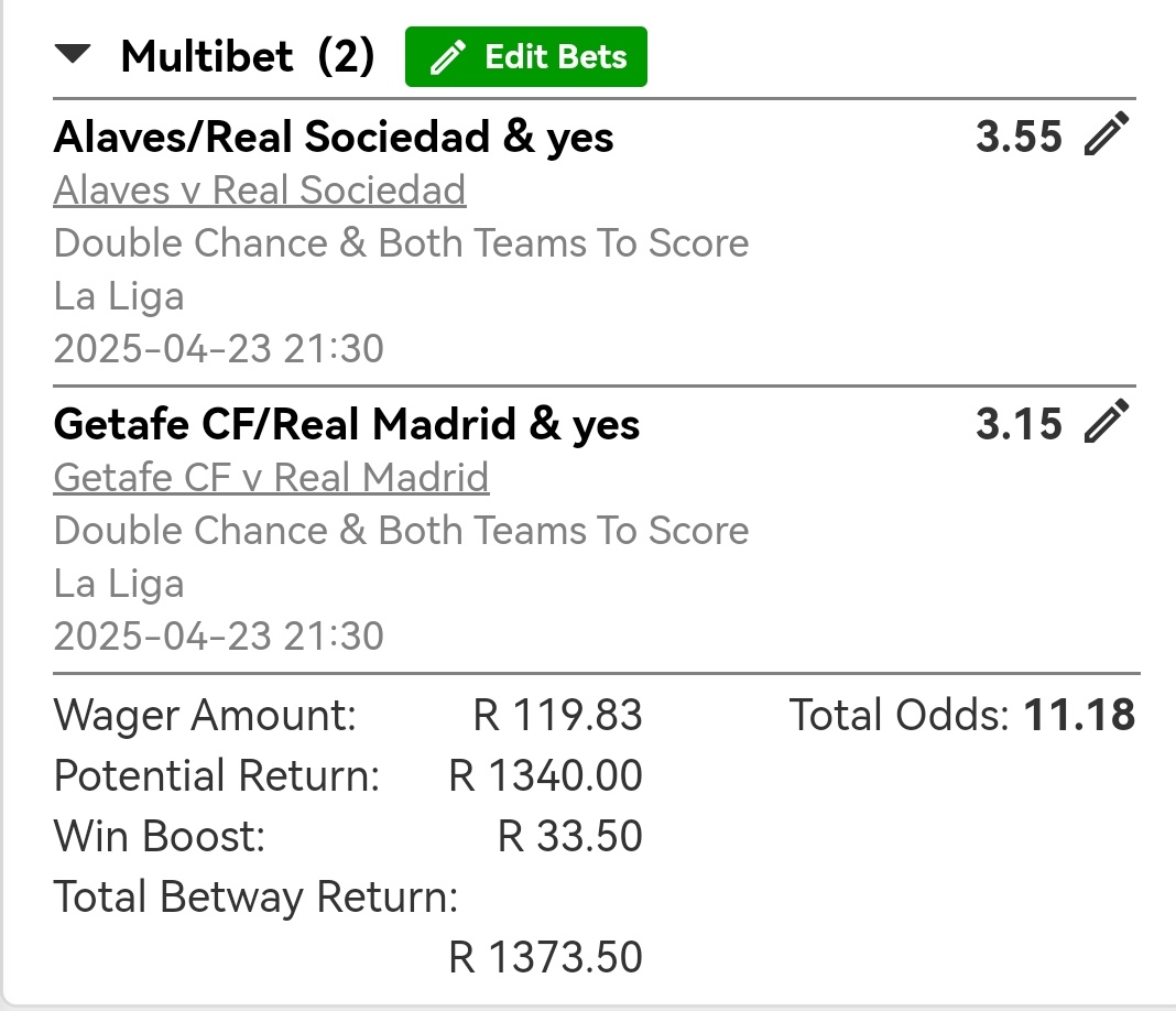 Tap here to copy my bet or search for this booking code in the Multi Bet betslip X9809E305 betway.co.za/bookabet/X9809…
#Betwaysquad #Betwaycodes #betway #LaLiga #betwayslip
<a href="/Betway_za/">Betway ZA</a>

Kick-off @ 21h30 I Total was : 11.18 (2 games)

#Worldofpossibilities
