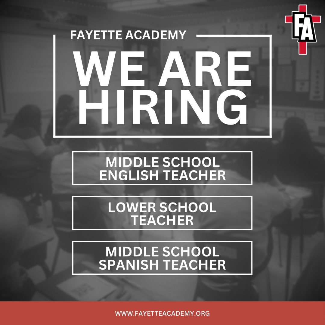 Fayette Academy is currently seeking Middle School English, Middle School Spanish and a Lower School Teacher. To view our open positions and apply, please visit fayetteacademy.org/careers

#FAVikings #JoinTheFAmily
