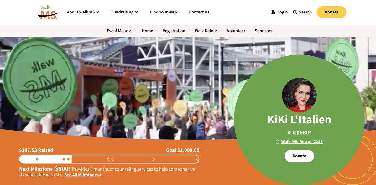 🚨 5 DAYS LEFT before I walk for MS! I'm at $287 of my $1000 goal to help fight multiple sclerosis. Every dollar funds critical research &amp; support services. Can you help with a quick donation? Together we can make a difference! #WalkMS #EndMS events.nationalmssociety.org/participant/Ki…