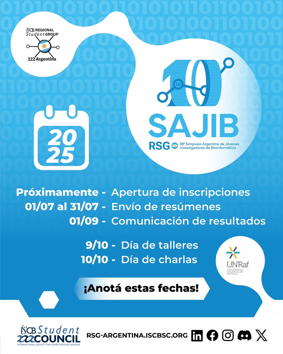 🔬 ¡Hola nuevamente, comunidad bioinformática! 🔬

📅 Les dejamos a continuación las fechas importantes a tener en cuenta para la 10ma edición del Simposio Argentino de Jóvenes Investigadores en Bioinformática (10SAJIB) 📍Hilo👇🏻