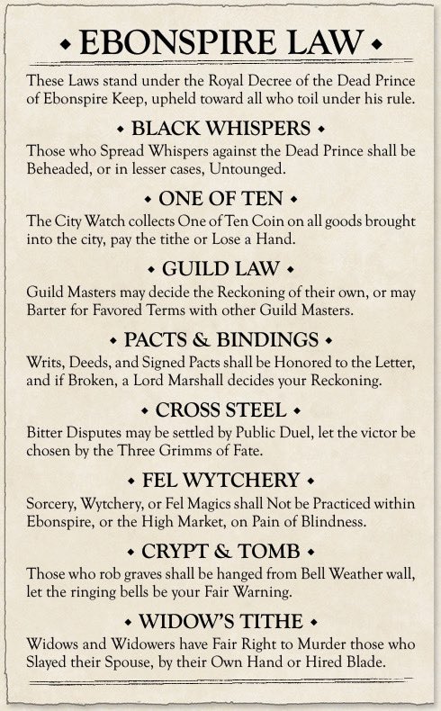 Still working on our Ruttigers TTRPG, but I thought it fair that I share the laws of the main city before you jump in… the nobility had made all attempts at fairness and justice: