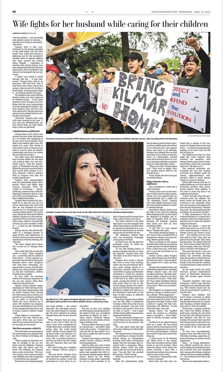 MarĂa Luisa PaĂșl (@marialuisapaulr) on Twitter photo In todayâs <a href="/washingtonpost/">The Washington Post</a> frontpage: Kilmar Abrego GarcĂaâs wife, Jennifer, moved to a safe house after the government published her address.
Her family history has been politicized. Sheâs now caring for three kids alone. Through it all, sheâs her husbandâs fiercest advocate. In todayâs <a href="/washingtonpost/">The Washington Post</a> frontpage: Kilmar Abrego GarcĂaâs wife, Jennifer, moved to a safe house after the government published her address.
Her family history has been politicized. Sheâs now caring for three kids alone. Through it all, sheâs her husbandâs fiercest advocate.