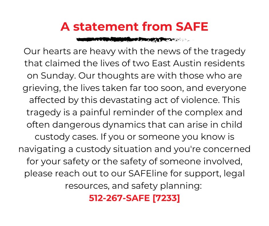 SAFE offers resources for families going through child custody cases, including legal services, supervised visitation and safe exchange services, advocacy for families in Child Protective Services, and early childhood services and family support.

SAFEAustin.org