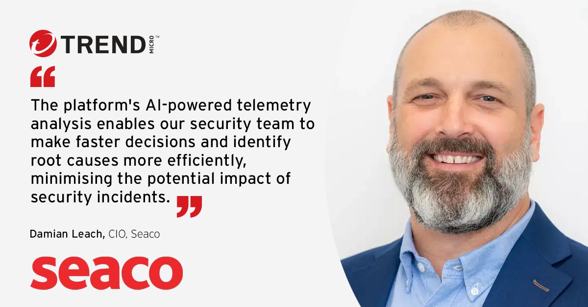 Vishal Mahaldar (@vishalmahaldar) on Twitter photo Seaco leverages <a href="/TrendMicro/">Trend Micro</a> Vision One™ to secure their global network of 23 offices and over 500 depot and port locations 🌍.
Read the full success story now: bit.ly/4jA8ES1 Seaco leverages <a href="/TrendMicro/">Trend Micro</a> Vision One™ to secure their global network of 23 offices and over 500 depot and port locations 🌍.
Read the full success story now: bit.ly/4jA8ES1