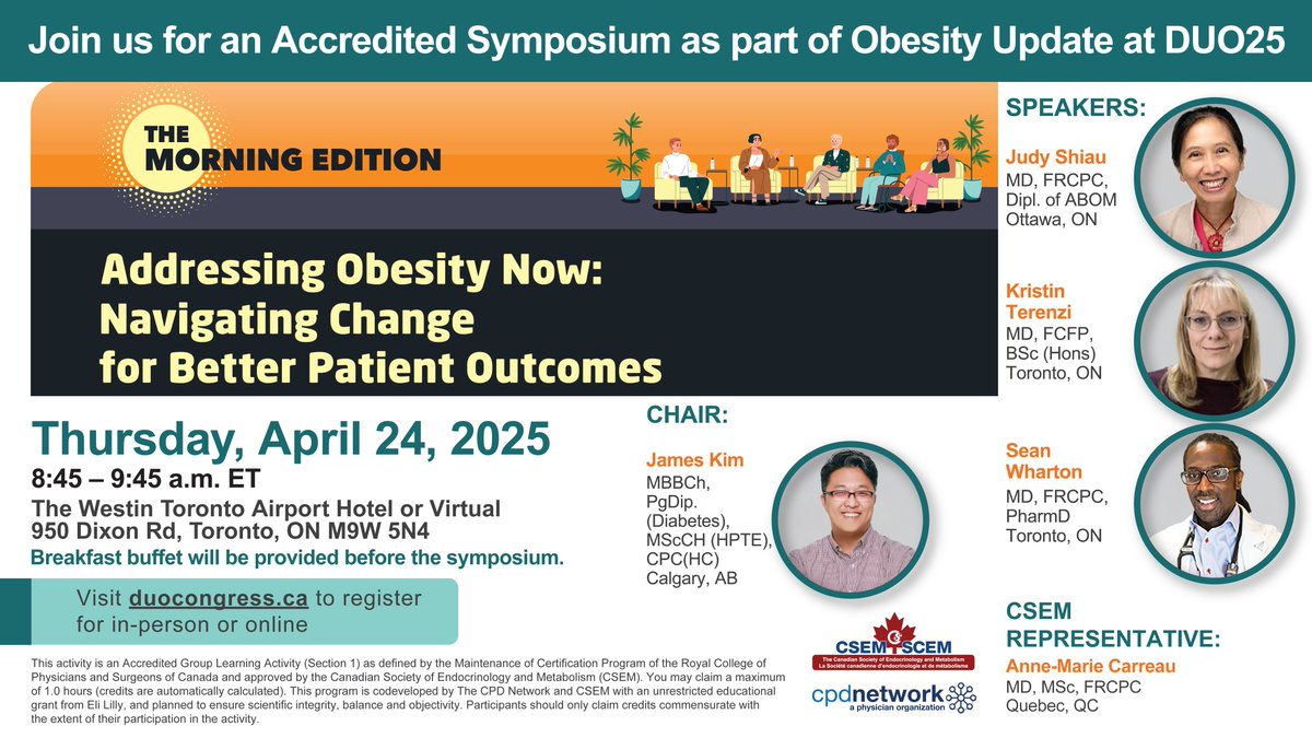 Join us at #ObesityUpdate for The Morning Edition symposium! Learn to communicate obesity as a chronic disease, implement early tailored interventions, and apply both pharmacological and non-pharmacological treatments in practice. Register Now: duocongress.ca