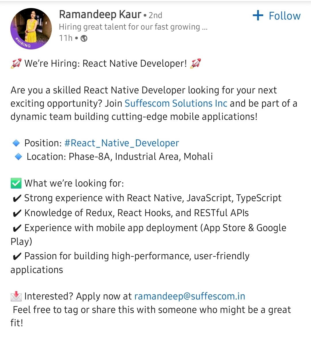 JobGenie_'s tweet photo. Role - React Native Developer

Organization - Suffescom Solutions Inc

Location - Mohali

Send your resume :ramandeep@suffescom.in

Job link - https://t.co/mmBCjCbTM0

Join my telegram channel -  https://t.co/Y1EsudUyeI

#reactnative #AppDevelopment #appdev #hiring #HiringAlert https://t.co/mrXkAXvw5c