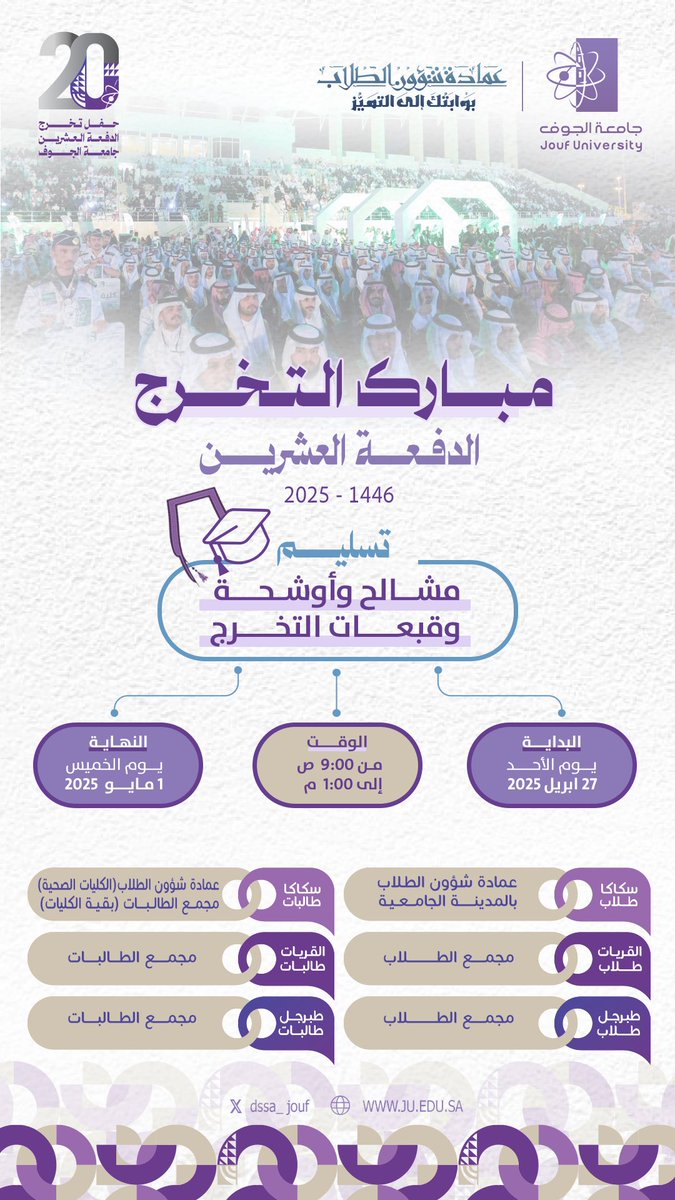 JoufUniversity's tweet photo. #إعلان | 
تبارك #جامعة_الجوف، لكافة الخريجين والخريجات من الدفعة 20، للعام الجامعي 1446هـ، وتشاركهم فرحة تخرجهم، وتدعوهم لتسلّم مشالح وعباءات التخرج.
حسب المواعيد المحددة. https://t.co/wKtSCeFSTi