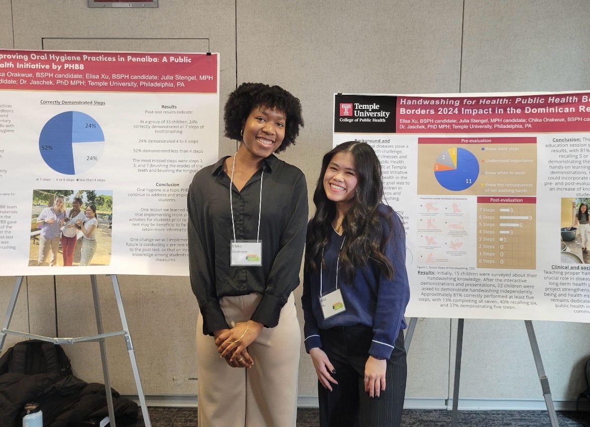 Elisa Xu, an Applied Epi minor, &amp; Chika Orakwue proudly showcased Public Health Beyond Borders' impactful global health work at the 2025 Symposium for Undergraduate Research and Creativity on 4/10. Both students were a part of our Spring 2024 PHBB class that travelled to the DR.