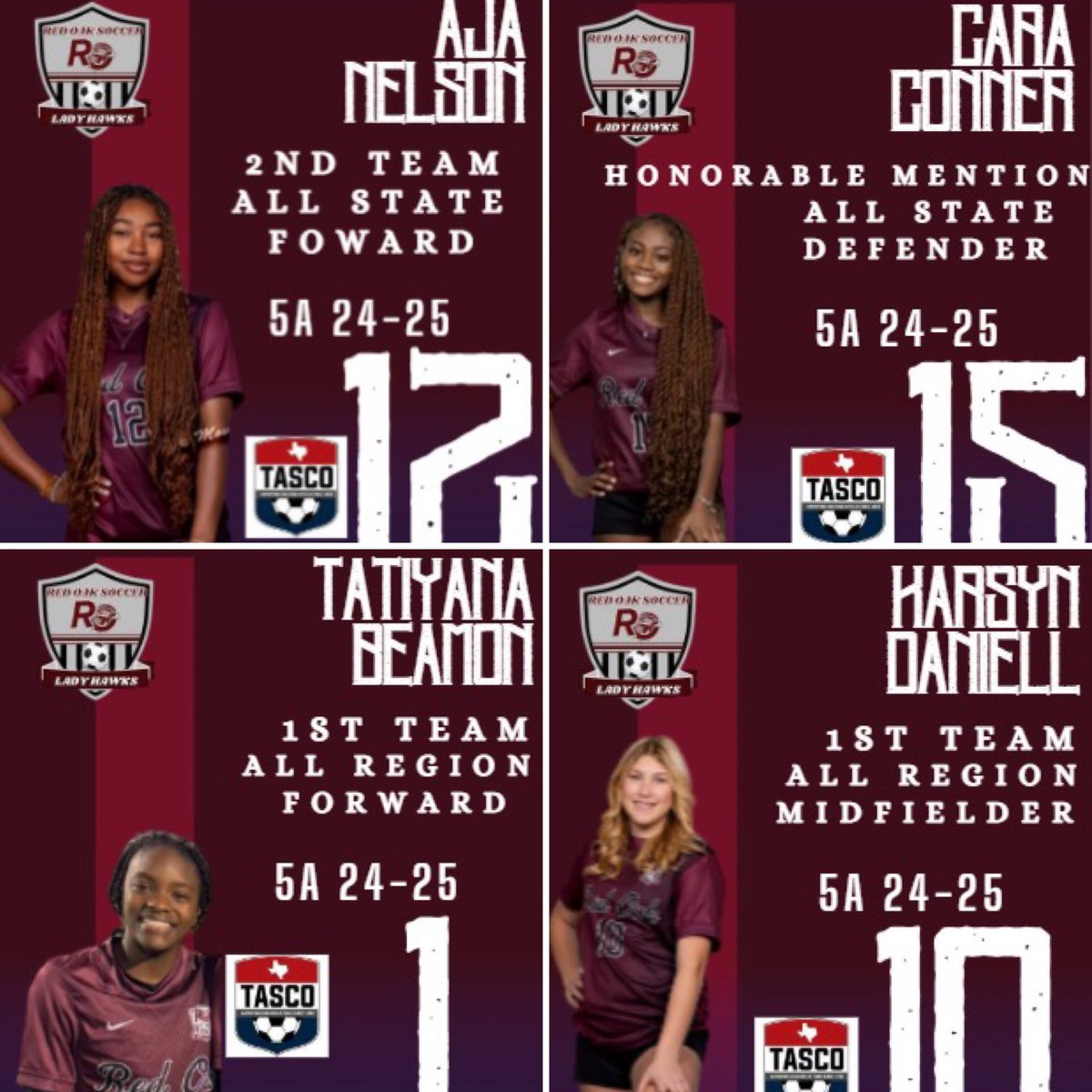 Congratulations to our TASCO ALL-STATE/REGION Award recipients! 🏆⚽️
•  <a href="/ajanelson2025/">Aja Nelson</a> -2nd Team All-State Forward
•  <a href="/caracsoccer15/">Cara Conner</a> -Honorable Mention All-State Defender
•  <a href="/BeamonTatiyana/">Tatiyana Beamon</a> - 1st Team All-Region Forward
•Karsyn Daniell- 1st Team All-Region Mid
<a href="/roisdathletics/">roisdathletics</a>