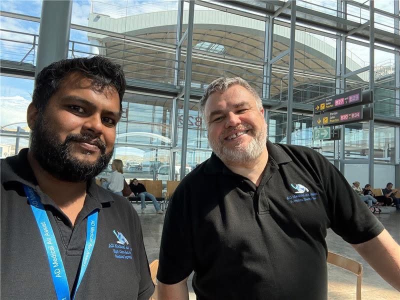 ad_assist's tweet photo. When you think you're flying solo… then spot a familiar uniform at the gate! 
Two medics, two separate missions—and one unexpected airport catch-up.

Turns out the world isn’t so big when you’re part of a repat team on the move!
Love a surprise team moment mid-mission 💙 https://t.co/Soeuflsuvy
