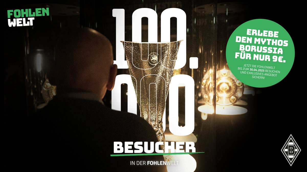 1️⃣0️⃣0️⃣.0️⃣0️⃣0️⃣🥳

Diesen Meilenstein feiern wir mit vergünstigtem Eintritt in der #FohlenWelt bis zum 30.04.

🎫 borussia.de/museum

#dieFohlen