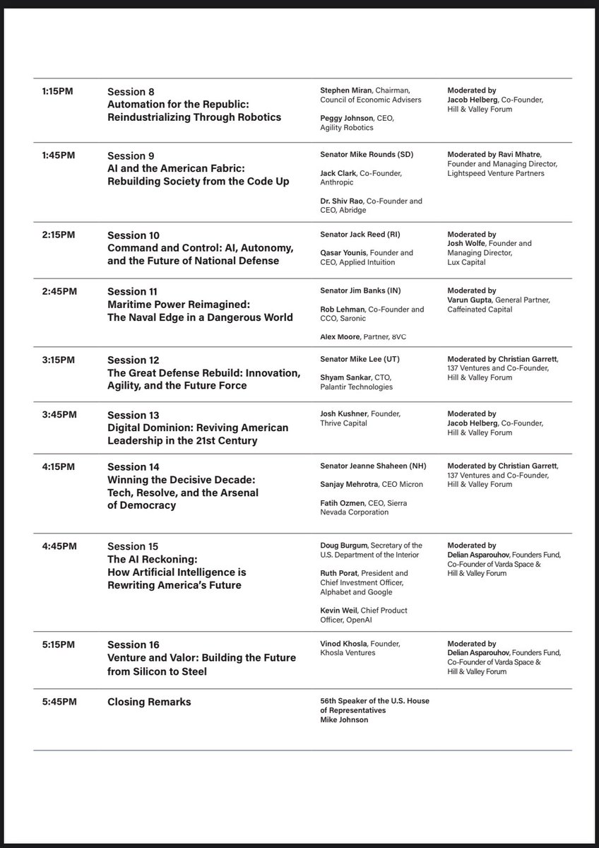 Incredibly excited for this year's Hill and Valley Forum

Over a short few years we've made it the pre-eminent forum for the top technology leaders and elected officials to gather

Jensen Huang, Alex Karp, etc and 30+ Senators and Representatives

This year's agenda here: